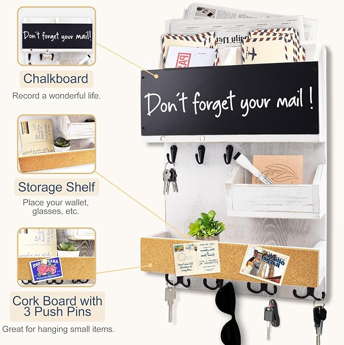Mail Organizer Wall Mount，Key Holder Mail and Key Organizer for Wall with Shelf, Chalkboard, Corkboard, Home Decor for Room Office Entryway(Ivory White)