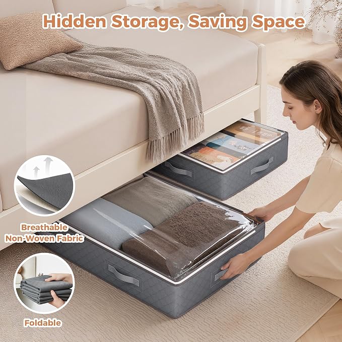 Budding Joy 90L Under Bed Storage Containers, 2 Pack Storage Bins, Grey | Foldable underbed storage bins for linen sheets, blanket, clothing, comforter, sweaters, pillows, wrapping paper
