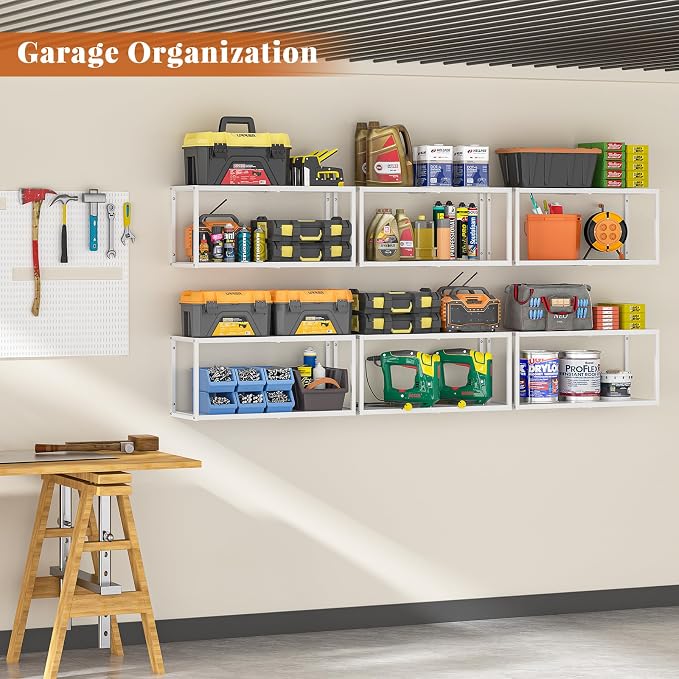 ThreeHio 2 Pack Expandable Garage Shelves Wall Mount, Heavy Duty Garage Wall Shelving, Hanging Storage Rack Metal Shelving for Garage Organization, Floating Shelves for Laundry bathroom Living Room