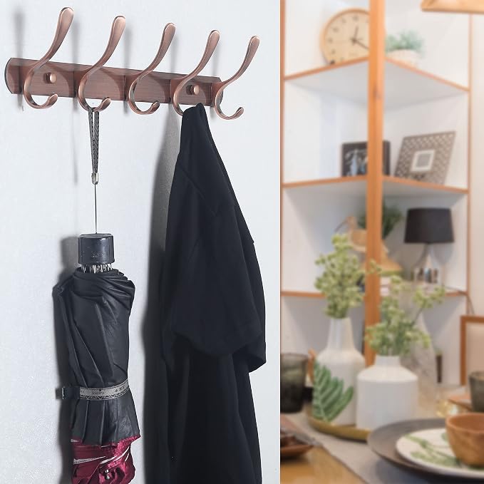 SKOLOO Modern Metal Wall Coat Rack with 5 Hooks, Pack of 2, Sturdy Wall Hook Rack for Hanging Coat, Jacket, Clothes, Hat, Red Copper