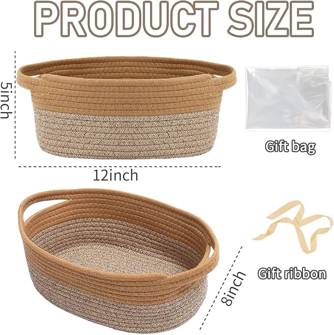 JMvicyroam Small Woven Basket, Empty Gift Basket, Jute&Brown/3 Pack | Small Gift Basket, Cotton Rope, 12 x 8 x 77 in, Handles, Includes Ribbon and Bag, Birthday Gift Basket