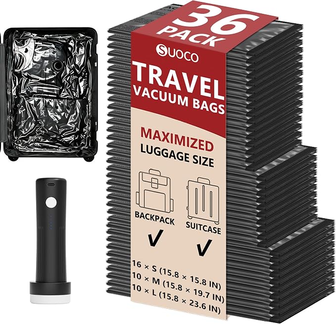 Travel Vacuum Bags for Clothing with Rechargeable Pump 36 Combo, Black | Compression Packing Cubes Organizer Storage for Luggage Suitcase, Space Saver Seal Bags for Vacation Cruise