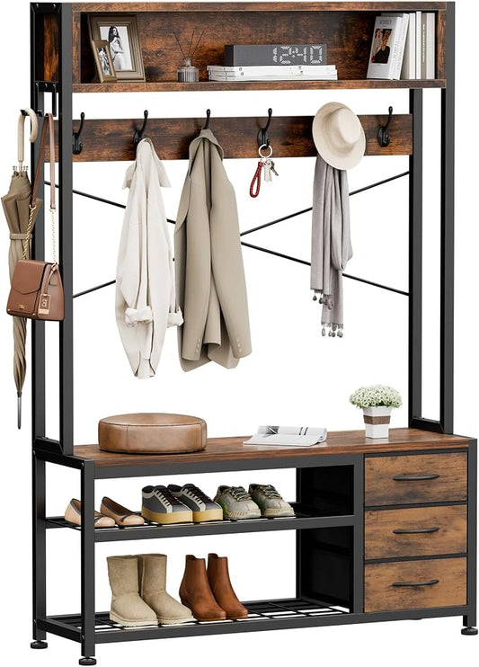 Hall Tree with Bench and 3 Drawers Storage, 39.4" Coat Rack Freestanding