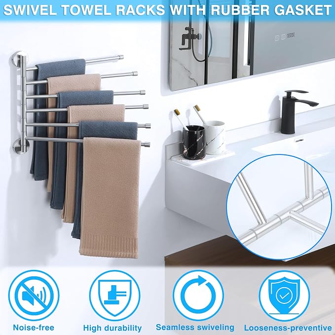Alise Swivel Towel Rack 13.9", 6 Arm Swing Out Towel Bar, Brushed Nickel | Space Saving Swing Arm Towel Rack for Bathroom Kitchen, 180° Rotating, SUS304 Stainless Steel