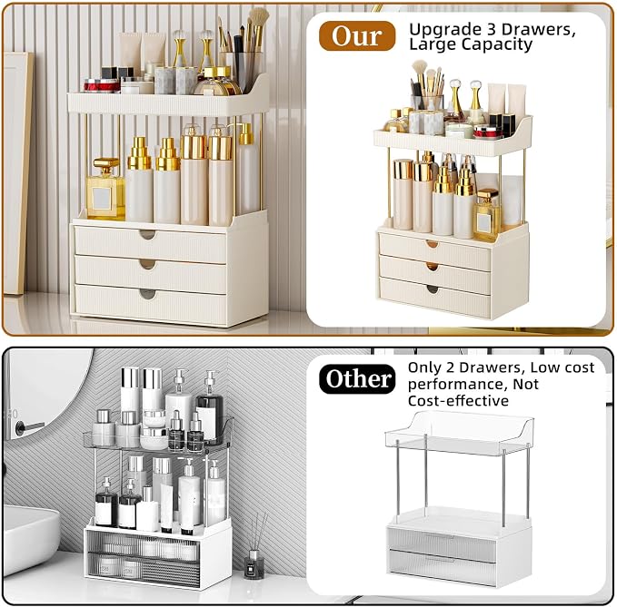 StorBin Arcylic 5-Tier Makeup & Skincare Organizer for Vanity, Bath | Smooth 3 drawers, clear body, gold frame, non-slip, for perfumes, serums, face masks, palettes, vanity & bath counter,white