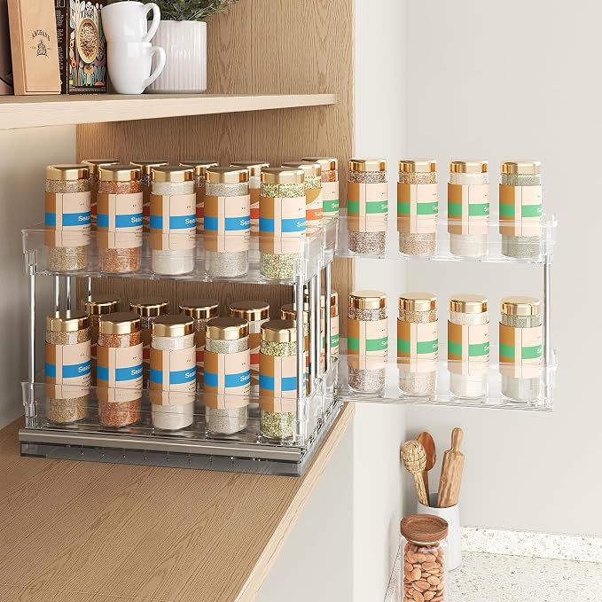 Mystozer Pull Out Spice Rack Organizer for Cabinet, Slide Out Spice Racks Organizer, Easy to Install Spice Cabinet Organizers, 8.5''Wx10.5''Dx8.3''H, 3 Drawers - 2 Tiers (Clear)