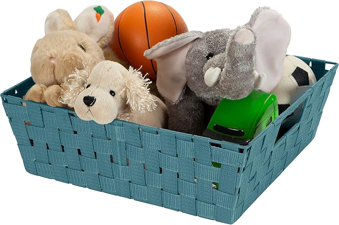 Simplify Large Shelf Woven Strap Tote | Decorative Storage Basket | Built in Handles | Organization | Closet | Bedroom | Bathroom | Nursery | Accessories | Toys | Gifts | 1 Pack | Sapphire