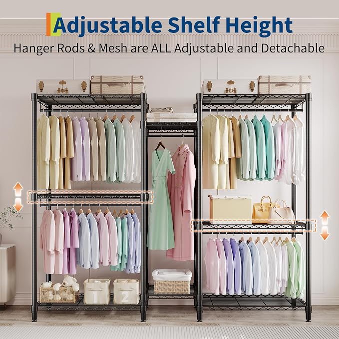 Clothes Rack for Hanging Clothes, Freestanding Garment Rack Adjustable Heavy Duty 1874LBS Capacity with 5 Hanging Rods and 8 Wire Shelves, Portable Closet Wardrobe Organizer, 76.5"H x 73.6"L x 17.4"W