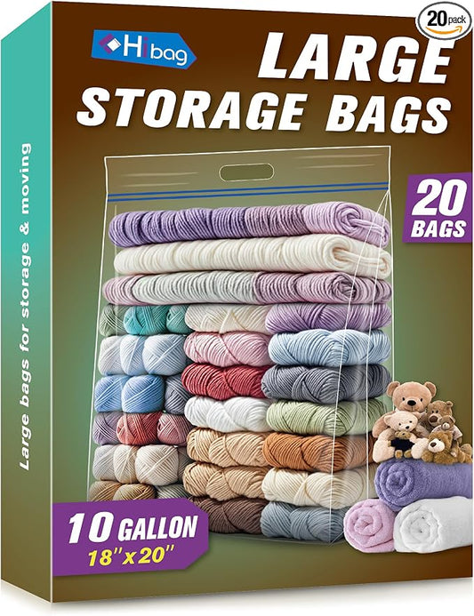 HIBAG 10 Gallon Large Storage Bags, 18” x 20” Resealable Clear Bags with Handle, Extra Large XL Heavy Duty for Clothes Pillow Travel Moving, Pack of 20