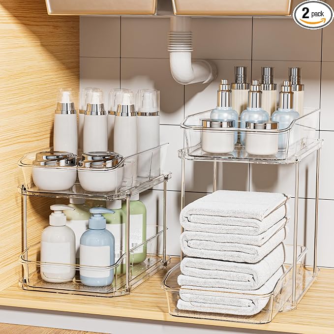 Delamu Bathroom Under Sink Organizers and Storage, 2 Pack, Clear | 2-Tier Multi-Purpose, Stackable, Pull Out Cabinet Kitchen Pantry Organization and Storage with Dividers