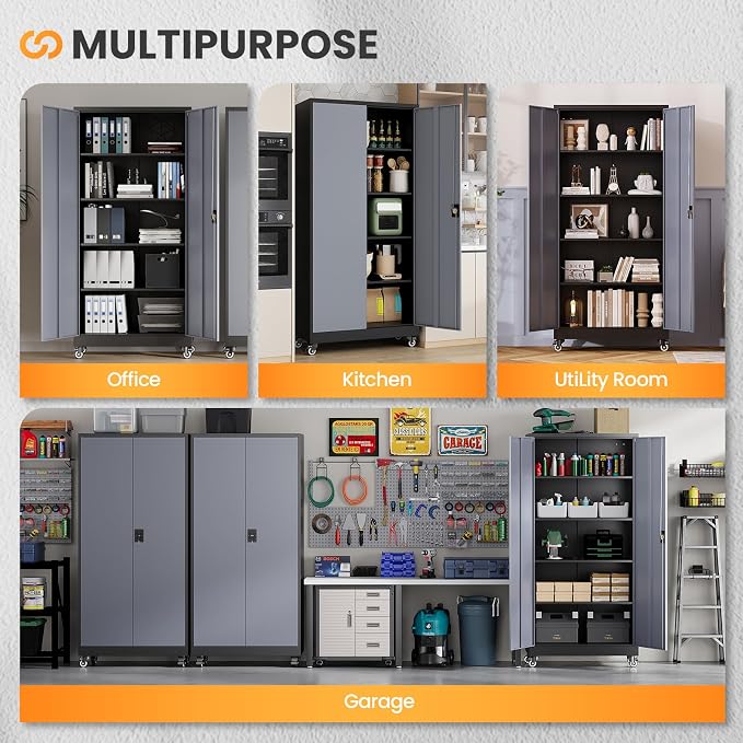 Metal Garage Cabinets with Wheels 15.8" D x 31.5" W x 75" H-Black | Heavy Duty, Locable