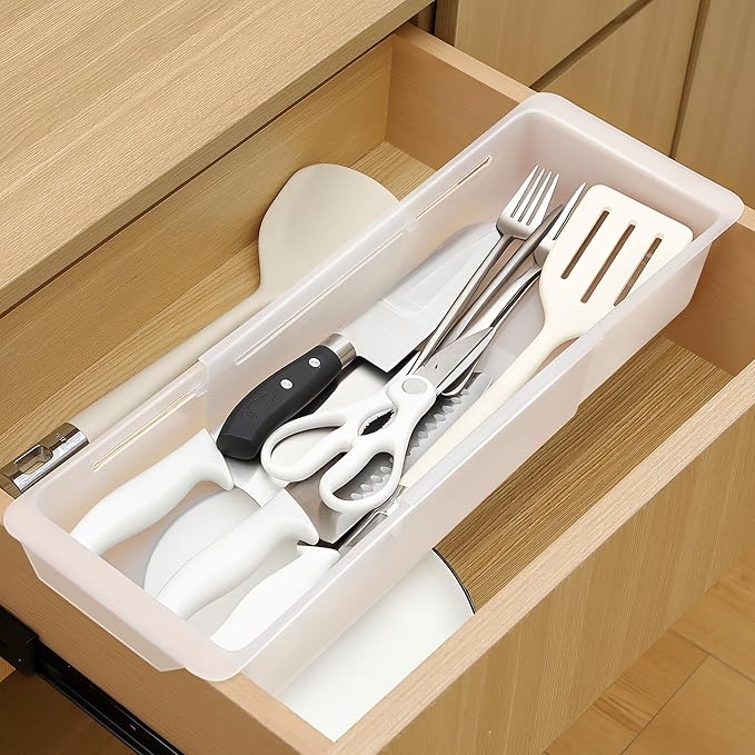 1 Pack Adjustable Deep Drawer Organizer Storage Bin(17" to 27”) | Expandable Drawer Storage, Adjustable Size, Kitchen Cabinet Organization