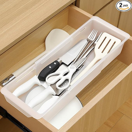 2 Pack Adjustable Deep Drawer Organizer Storage Bin(17" to 27”) | Expandable Drawer Storage, Adjustable Size, Kitchen Cabinet Organization