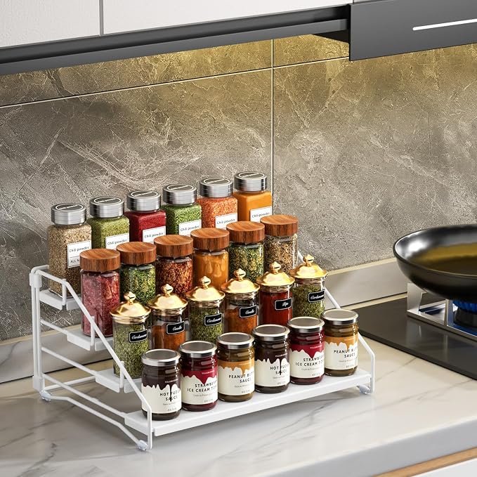 Spice Rack Organizer for Cabinet, Depth Adjustable 4 Tier Spice Rack,1 Pack | White, Metal Spice Organization for Cabinet, Easy Visibility, Tiered Spice Rack Perfect for Cabinet, Pantry and Countertop