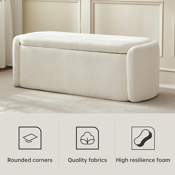 VKNOW Storage Bench, Upholstered Storage Ottoman Bench with Hinge, Cream | Ottoman Bench with Large Capacity, Curved Frame, Soft Fabric, Storage Bench for Bedroom, Living Room, Entryway, Window
