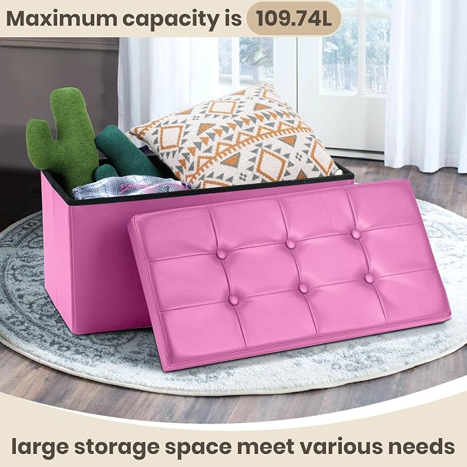 COSYLAND Ottoman Bench with Storage 30x15x15 inches White Ottoman for Room Folding Leather Footrest Footstool Rectangle Collapsible Furniture with Lid for Bedroom Living Room Pink