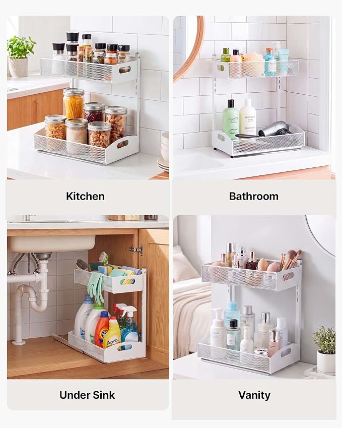 VEVOR Under Sink Organizer, 2 Pack 2-Tier Pull Out Cabinet Organizer with 4-Level Height Adjustment, Metal Slide Out Shelf, Multi-Purpose Cabinet Organizers and Storage for Bathroom & Kitchen, White