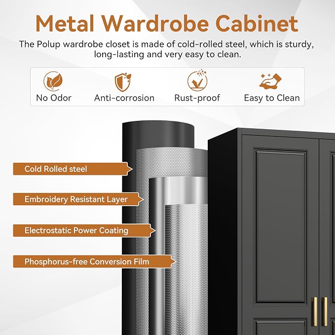 Polup 71" Black Metal Armoire Wardrobe Closet with Doors and 1 Drawer | Heavy Duty Steel Clothing Storage Cabinet, 180lbs Adjustable Shelves, Hanging Rod, for Office, Bedroom, Garage, Laundry