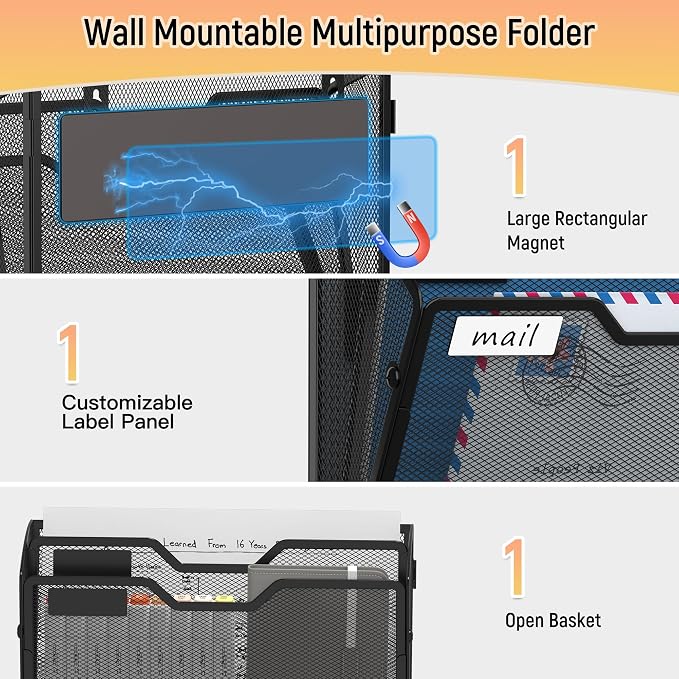Docnest 3 Pack 2 Tier Dual-Mount Magnetic Mesh File Holders, Wall Organizer | Mount magnets or screws. 2-in-1 hanging mesh mail letter organizer with hooks for office and home clutter