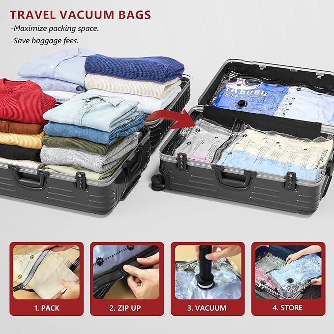 Travel Vacuum Bags for Clothing with Rechargeable Electric Pump, Compression Packing Cubes Organizer Storage for Luggage Suitcase, Space Saver Seal Bags for Vacation Cruise, 8 Medium | Compression Packing Cubes Organizer Storage for Luggage Suitcase, S...