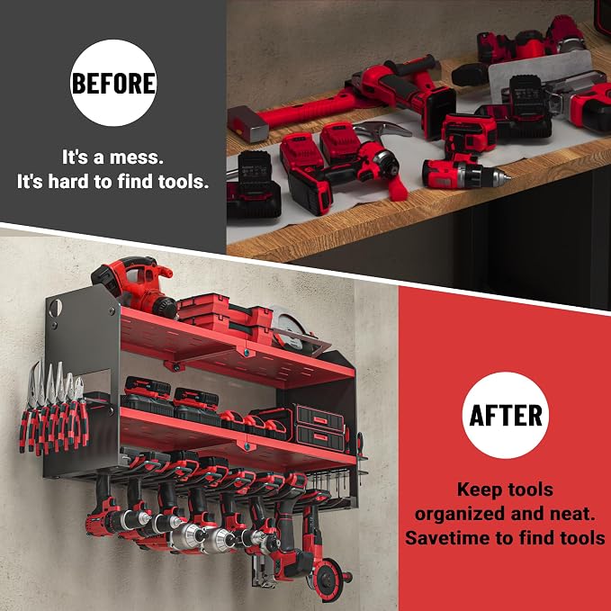 YYR Power Tool Organizer Wall Mount, Cordless Drill and Battery Holder, Electric Tools Hanger Storage Rack with Charging Station, Garage Organization Floating Shelf - Made of Heavy Duty Metal, Red