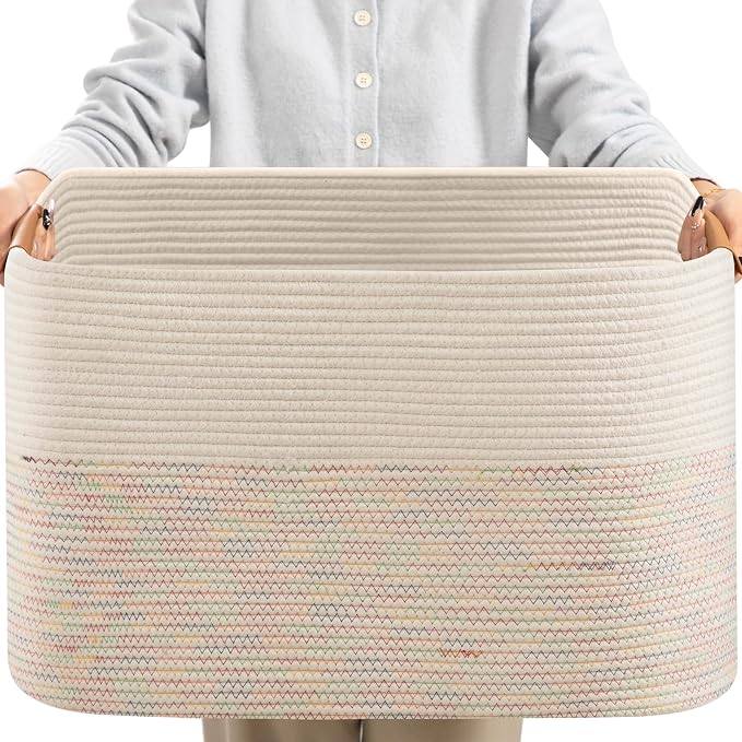 danpinera 108L Large Basket for Living Room, Boho Decorative Basket Organizing with Handles, Cotton Rope Storage for Toys, Pillows, Clothes, 25’’*16’’*16’’ Rainbow