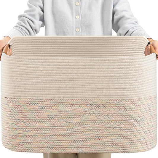 danpinera 108L Large Basket for Living Room, Boho Decorative Basket Organizing with Handles, Cotton Rope Storage for Toys, Pillows, Clothes, 25’’*16’’*16’’ Rainbow