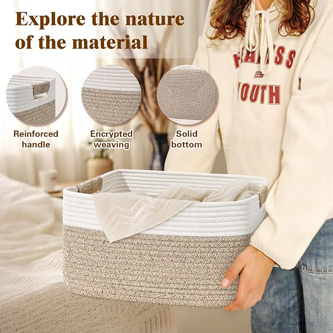 4 Pack Large Storage Basket for Organizing, 17.5"x13"x7" Woven Basket for Shelves, Closet Cube Storage Bins with Wrapped Handle, Cotton Rope Baskets for Kitchen, Clothes, Toys(Off White & Brown)