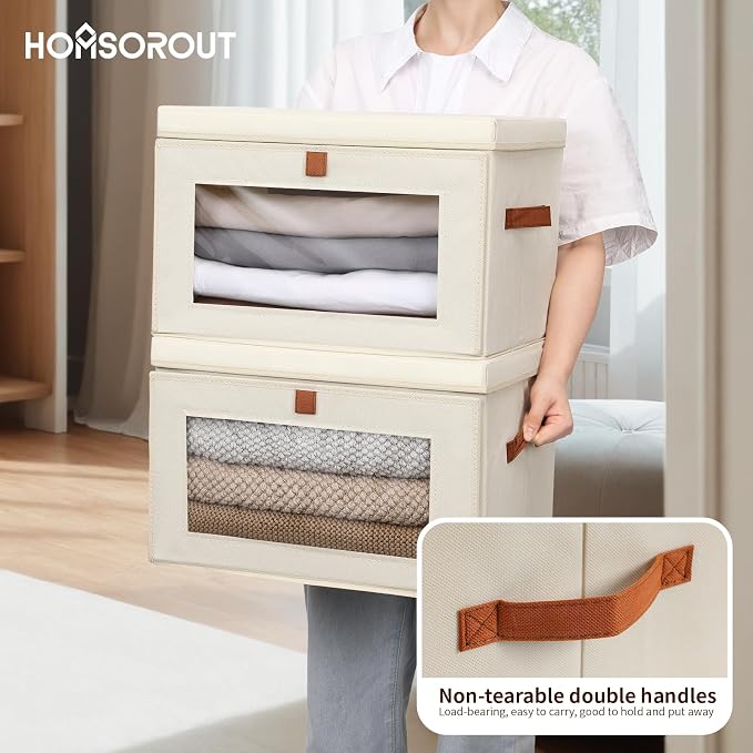 Homsorout Large Closet Storage Bins - Collapsible Clothing Organizer with Handles & Window, Decorative Bin with Lids, Linen Closet Organizers for Living Room, Dorm, 8 Pack, Beige
