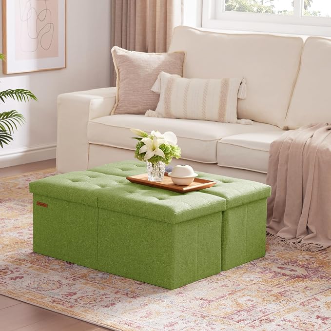 HAUSFRAU Ottoman with Storage Bench Folding Foot Rest Stool Linen Avocado | 31.5", Flip Lid, Small Upholstered Foldable Footrest Footstool, Bedroom Bench, Living Room Dorm Ottoman, Rectangle