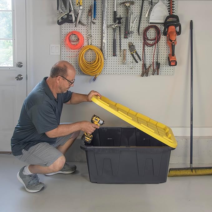 CX Heavy Duty 27-Gallon Stackable Plastic Storage Bins with Lids, 2 Pack | Storage totes for garage organization, Stackable containers, weather-resistant, snap lid, 14.3H x 20.6W x 30.6D, Black/Yellow