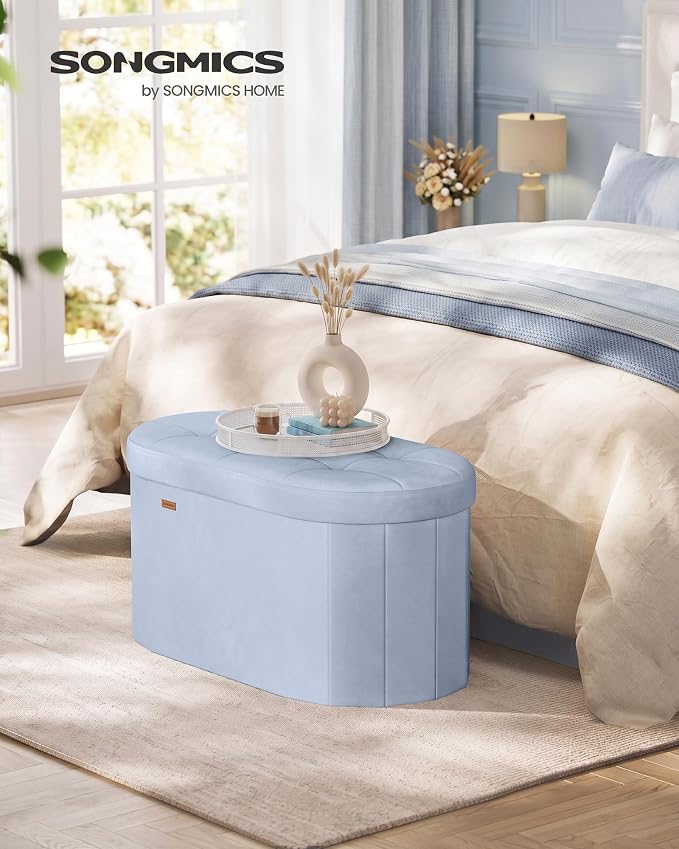 SONGMICS MINOTA Collection - Folding Ottoman with Storage, Oval Storage Ottoman Bench, for Living Room, Bedroom, Velvet Fabric, 15 x 29.9 x 15 Inches, Baby Blue ULSF267QQ01
