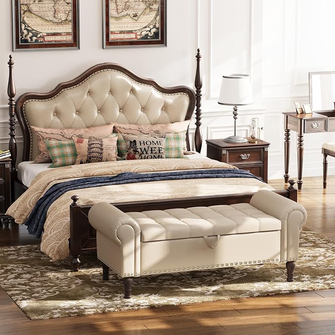 Apicizon 51” Bench with Storage, Faux Leather Ottoman Bench with Rolled Arm & Vintage Rivets, End of Bed Bench for Bedroom, Living Room, Entryway, Beige+Brown Legs