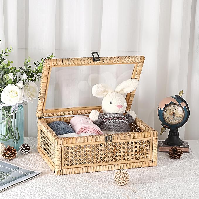 Hipiwe Vintage Decorative Box with Clear Lid Rattan and Wood Display Boxes | Handcrafted Shelf Basket Bin Large Wicker Storage Basket Rectangular Keepsakes Box for Bathroom Home Decor, 14x10x5.7 inch