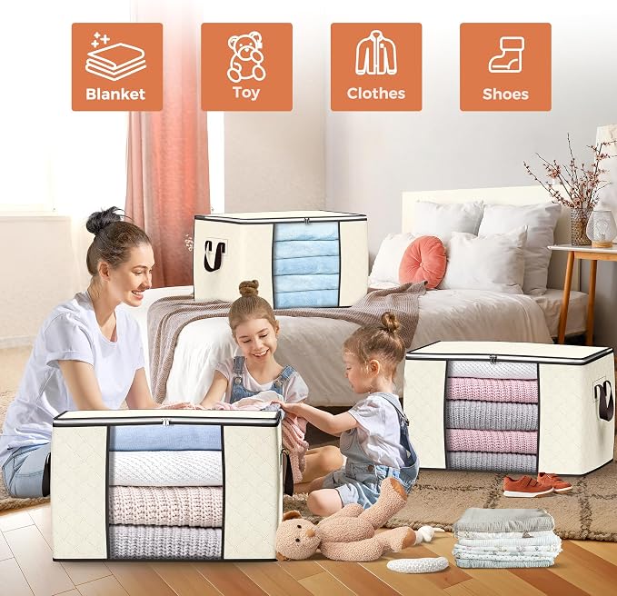 90L Large Storage Bags, 6 Pack Clothes Storage Bins Closet Organizers | Foldable Storage Containers, with Reinforced Handle, for Clothing, Blanket, Comforters, Bed Sheets, Pillows and Toys,Beige