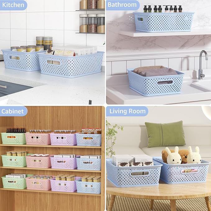MaxGear 3 Pack Plastic Storage Baskets, Large, Blue | Durable Woven Plastic with Built-In Handles, Suitable for Shelves, Closets, Cabinets, Bathrooms and Offices