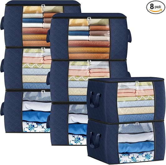 Fab totes 24 Gallons Clothes Storage, Foldable Thick Fabric Blanket Storage Bags,Containers for Organizing Bedroom, Closet, Clothing, Comforter,Organization with Handle (8 Pack,Blue)