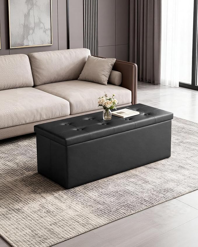 LITZFUR 43" Storage Ottoman Bench, Folding Faux Leather Chest, Black | Stroage Box with 2 Dividers, Foot Rest Stool, Padded Seat for Bedroom, Entryway, Living Room