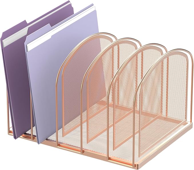 5-Section File Organizer for Desk, Metal File Folder Holder, Rose Gold | 5 Vertical Compartments with Sturdy Metal Base for Office Documents Books Magazines and Laptop