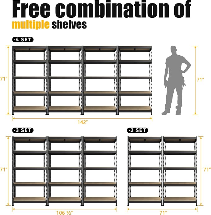 PrimeZone 71"H Storage Shelves, 5 Tier Adjustable Metal Shelf, 5 PCS, Black | 35.5"W x 15.75"D x 71"H, Heavy Duty Metal Connectors, FSC Wood Board, Easy Assembly, Standing Rack for Warehouse, Basement
