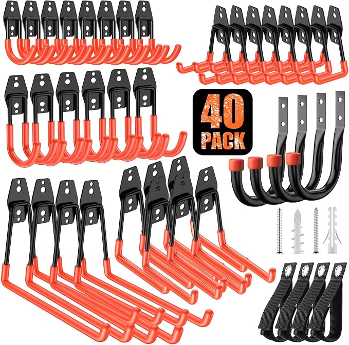 MKRUI 40-Pack Garage Hooks for Storage & Hanging Items, Save Space | Hangs Bikes, Ladders, Ropes, Hoses, Tools; for Garage, Warehouse, Shop, Shed, Yard