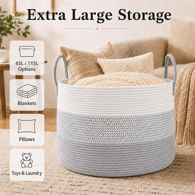JMvicyroam 65L Extra Large Machine Washable Cotton Rope Blanket Basket | Collapsible laundry hamper, Reinforced handles, For blankets,pillows,toys and clothes, Living room and bedroom,White&Grey Mix
