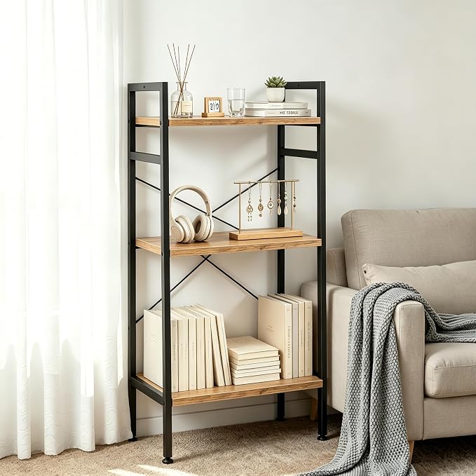 HealSmart 3 Tier Bookshelf, Free Standing Book Shelf Home Office Bookcase Shelf Storage Organizer for Bedroom, Bathroom, Living Room, Office, Balcony, Rust Brown