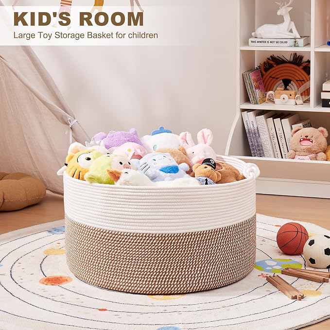 OIASKET Large Blanket Storage Basket for Living Room, 22.8" x 22.8" x 13" Woven Cotton Rope Basket with Handles, Baby Toy Storage, Laundry Hamper for Clothes, Pillows, Towels-Yellow and White