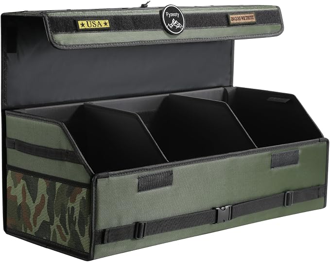 Fyzeoty Car Trunk Organizer for SUV and Sedan, Tactical‑Green, 29.5 in | Tactical & Aerospace Oxford, Extra‑Large, Hinged Lid, Collapsible & Adjustable, Water‑Resist & Dust‑Proof