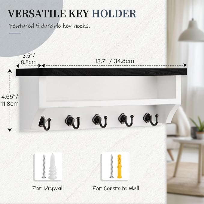 Nekon Key Holder Wall Mount, Wall Organizer Shelf with 5 Key Hooks, Room Decor for Home and Apartment Essentials, Black and White