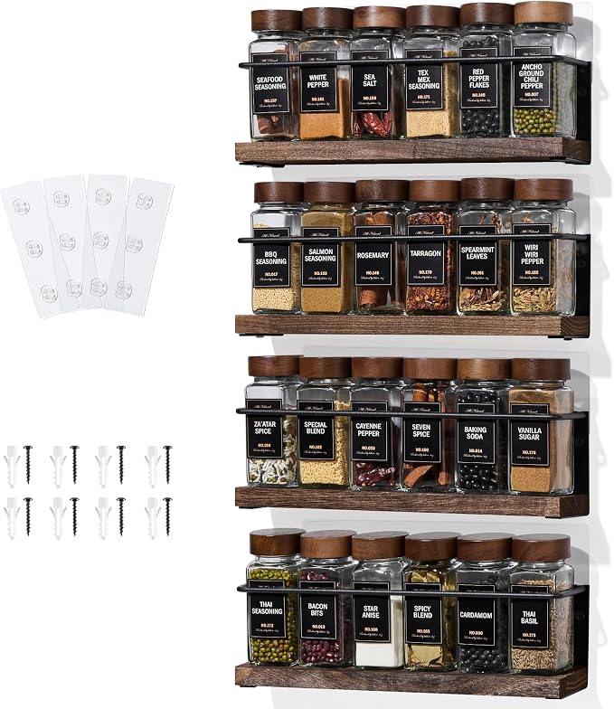 4-Tier Wall Mount Spice Rack Organizer- Screw/Adhesive Mount, Black Metal & Wood Spice Storage for Kitchen Pantry Cabinet, 11.6”L x 2.4”W x 3.2”H, Spice Jars Not Included