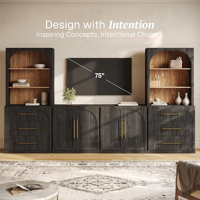 BELLEZE 6-Piece Modular TV Stand Set - 2 Sideboards with Drawers, 2 Double-Arc Wood Door Sideboards, and 2 Hutch Cabinets, Classic Modern Media Console with Adjustable Shelves for Living Room (Ebony)