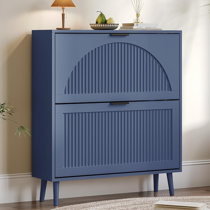 BORNOON Shoe Cabinet for Entryway with 2 Flip Drawers, Slim Wooden Shoe Storage Organizer with Modern Fluted Pannel，Freestanding Narrow Hidden Shoe Rack for Hallway, Foyer, Living Room
