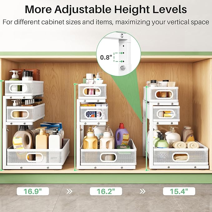 Kitstorack Under Sink Organizer, 2-Pack 3-Tier Height Adjustable Thickened Metal Pull out Cabinet Organizer Shelf, Slide out Storage Drawer Rack for Bathroom Kitchen Pantry Home Laundry Organization